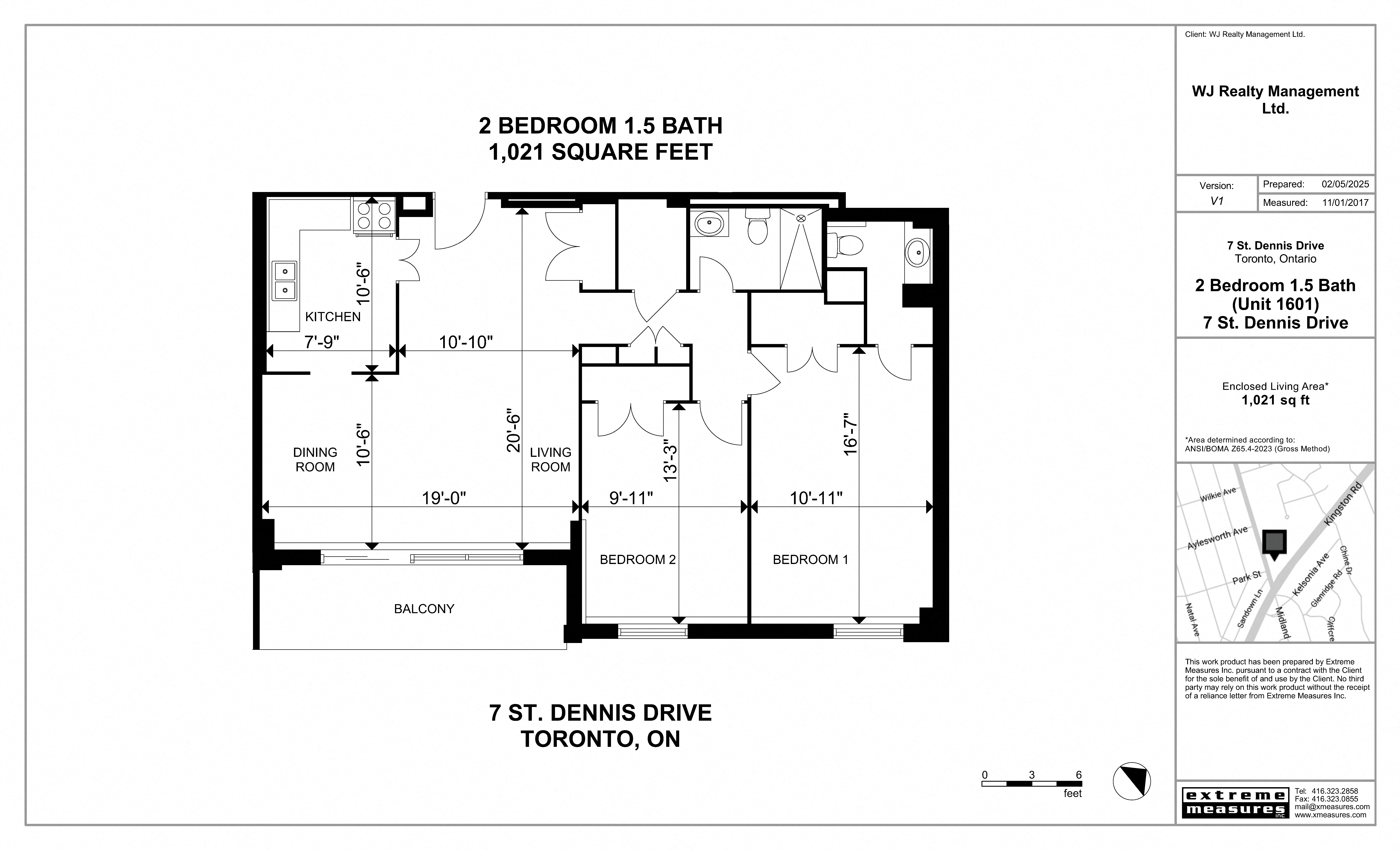 Floor plan for 2 beds, 1.5 baths, 1021 sqft